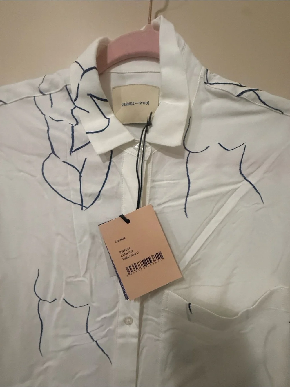 NWT PALOMA WOOL WOMENS LEANDRA BUTTON-UP BLOUSE, SIZE OS (MEDIUM), WHITE/BLUE - Picture 8 of 14